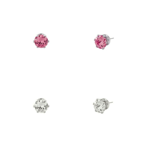 CZ Studs SET of 2 Crystal Earrings Post Cubic Zirconia Crystal SILVER PINK 4mm - PalmTreeSky