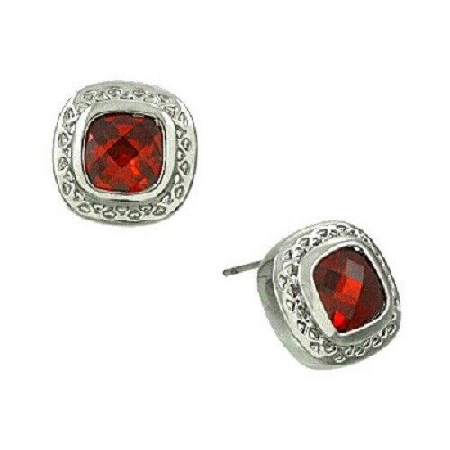 CZ Earrings 13mm Cubic Zirconia Square Stud Post Classic SILVER RED Jewelry - PalmTreeSky