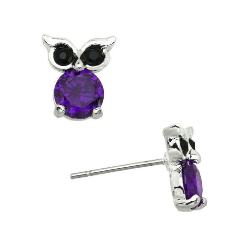 Owl Earrings Tree Small Stud Post Charm CZ Cubic Zirconia Crystal SILVER PURPLE - PalmTreeSky