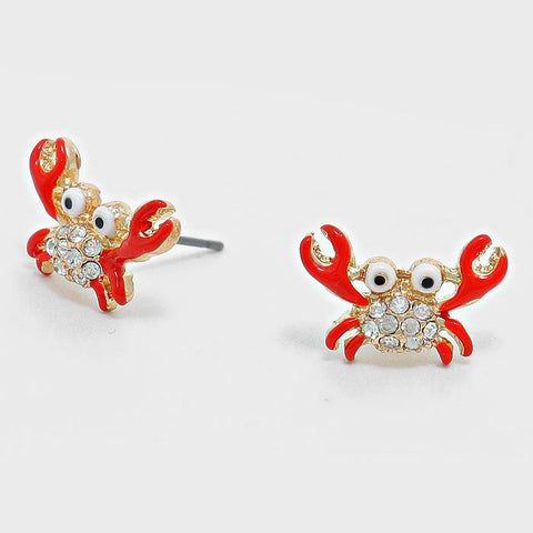 Crab Earrings Tiny Studs Mini Filigree GOLD RED Pave Rhinestones Beach SeaLife - PalmTreeSky