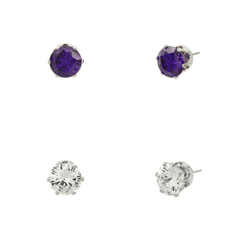 CZ Studs SET of 2 Crystal Earrings Post Cubic Zirconia Crystal SILVER PURPLE 6mm - PalmTreeSky