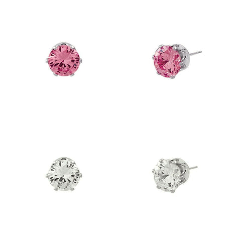 CZ Studs SET of 2 Crystal Earrings Post Cubic Zirconia Crystal SILVER PINK 6mm - PalmTreeSky