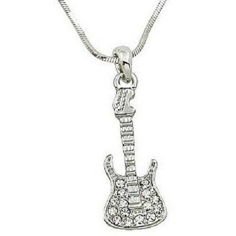 Bohemian Necklace Guitar Pendant Charm Choker Pave Rhinestone Metal SILVER - PalmTreeSky