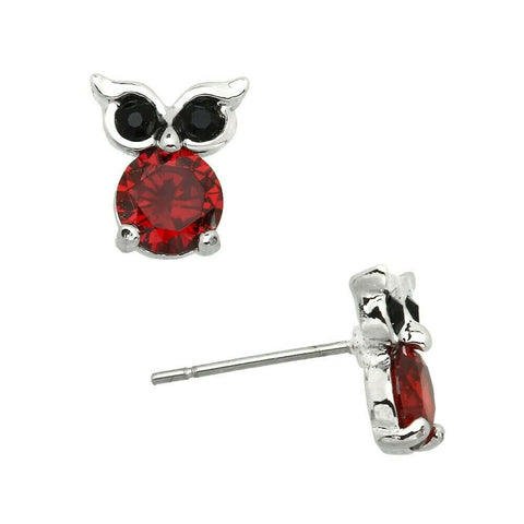 Owl Earrings Tree Small Stud Post Charm CZ Cubic Zirconia Crystal SILVER RED - PalmTreeSky