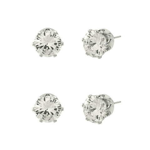 CZ Studs SET of 2 Crystal Earrings Post Cubic Zirconia Crystal SILVER CLEAR 8mm - PalmTreeSky