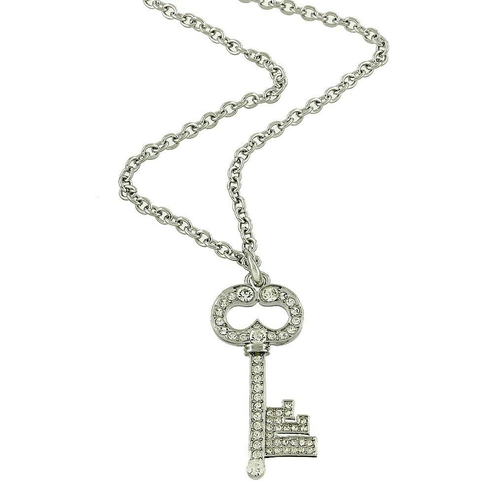 Bohemian Necklace Chain Large Pendant Pave Rhinestone Metal Lock Heart SILVER - PalmTreeSky