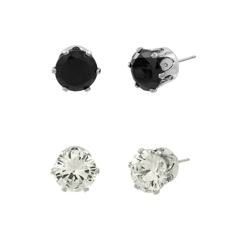 CZ Studs SET of 2 Crystal Earrings Post Cubic Zirconia Crystal SILVER BLACK 8mm - PalmTreeSky