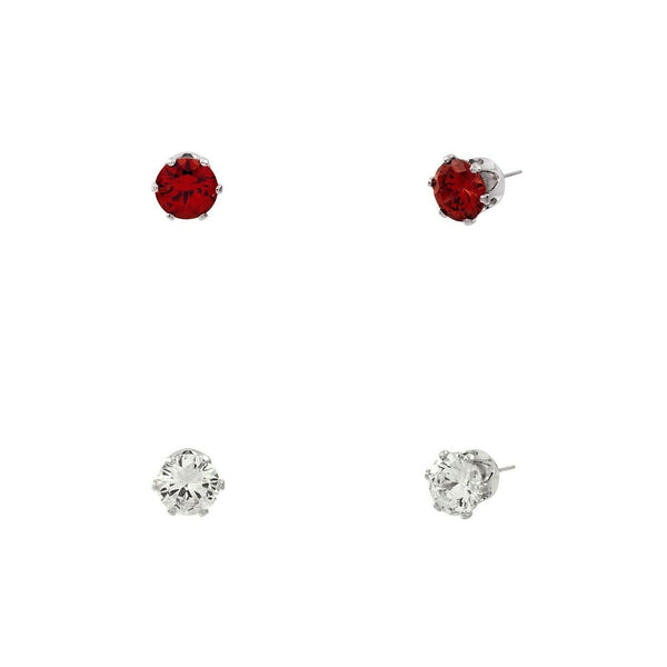 CZ Studs SET of 2 Crystal Earrings Post Cubic Zirconia Crystal SILVER RED 4mm - PalmTreeSky