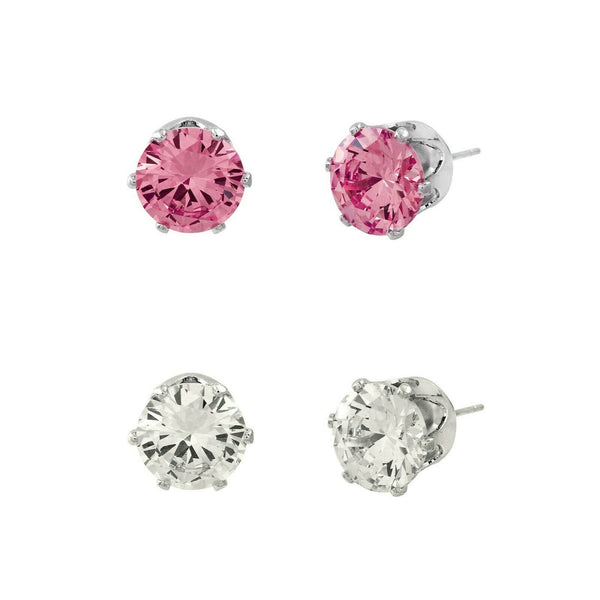 CZ Studs SET of 2 Crystal Earrings Post Cubic Zirconia Crystal SILVER PINK 8mm - PalmTreeSky