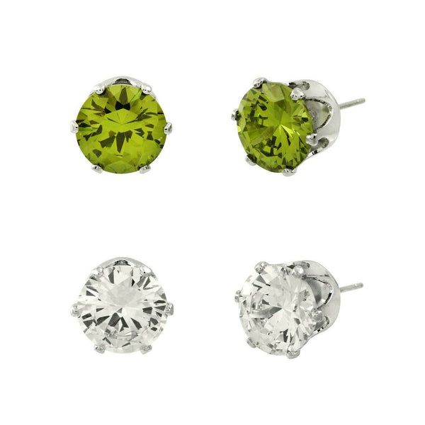 CZ Studs SET of 2 Crystal Earrings Post Cubic Zirconia Crystal SILVER OLIVE 10mm - PalmTreeSky