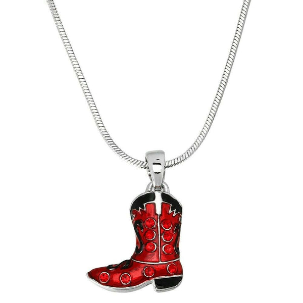 Cowboy Boot Necklace Crystal Rhinestone Country Farm Charm Pendant SILVER RED - PalmTreeSky