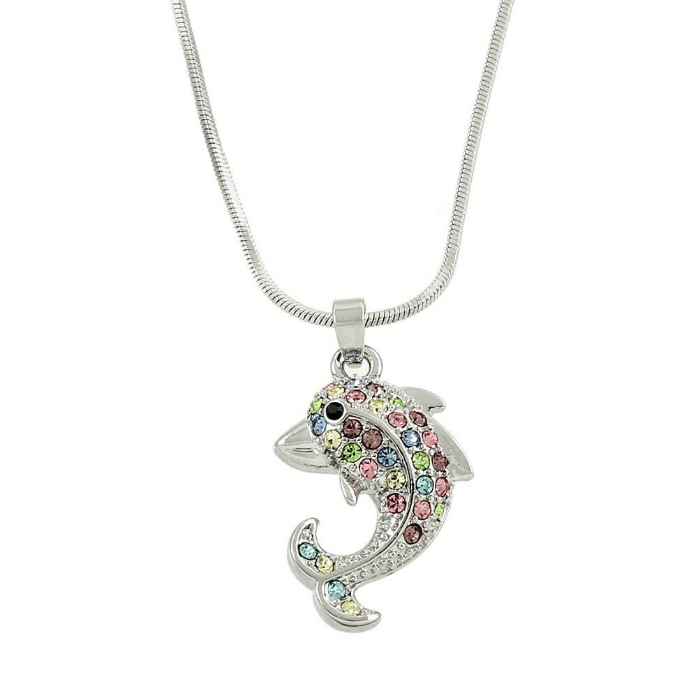 Dolphin Necklace Crystal Rhinestones Silver Multi Sea Life Gift Jewelry Party - PalmTreeSky