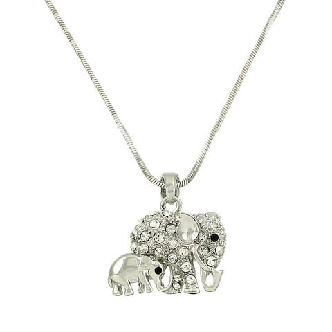 Elephant Necklace Pendant Charm Snake Chain Rhinestones SILVER Luck Mom Baby - PalmTreeSky