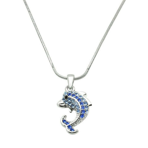 Dolphin Necklace Crystal Rhinestones Silver Blue Sea Life Gift Jewelry Party - PalmTreeSky