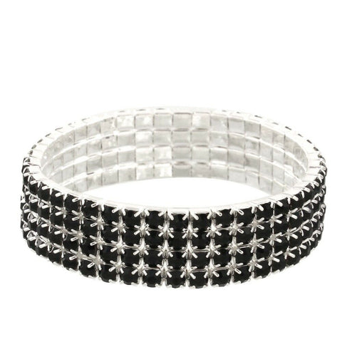 Rhinestone Bracelet Stretch Bangle 4 Row Crystal Pave Evening Event Dress BLACK - PalmTreeSky