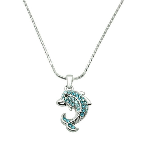 Dolphin Necklace Crystal Rhinestones Silver Turq Sea Life Gift Jewelry Party - PalmTreeSky