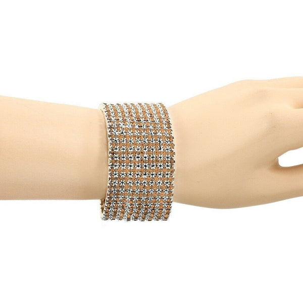 Rhinestone Bracelet Stretch Bangle 9 Row Crystal Pave Evening Event Dress TOPAZ - PalmTreeSky