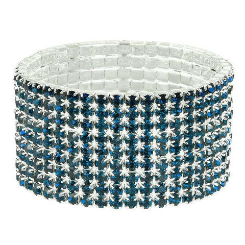 Rhinestone Bracelet Stretch Bangle 9 Row Crystal Pave Evening Event Dress BLUE - PalmTreeSky
