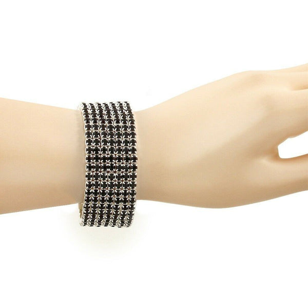 Rhinestone Bracelet Stretch Bangle 7 Row Crystal Pave Evening Event Dress BLACK - PalmTreeSky