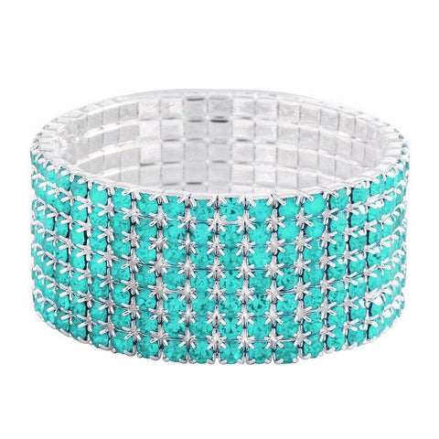 Rhinestone Bracelet Stretch Bangle 7 Row Crystal Pave Evening Event Dress AQUA - PalmTreeSky