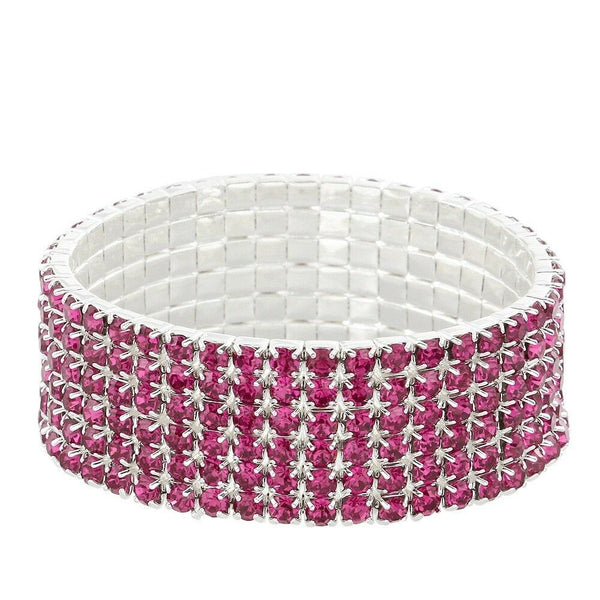 Rhinestone Bracelet Stretch Bangle 6 Row Crystal Pave Evening Event Dress FUCHSI - PalmTreeSky