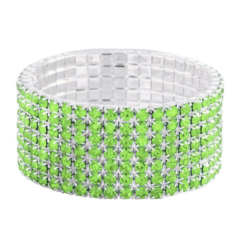 Rhinestone Bracelet Stretch Bangle 7 Row Crystal Pave Evening Event Dress LT GRN - PalmTreeSky