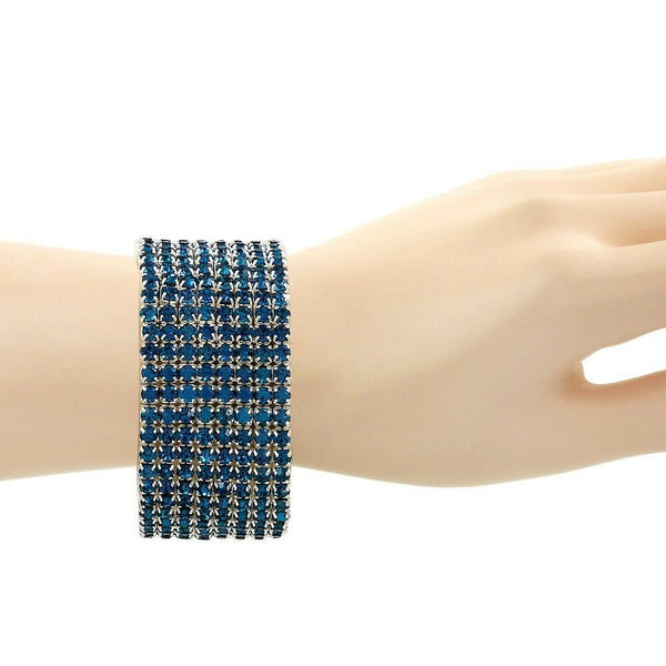 Rhinestone Bracelet Stretch Bangle 8 Row Crystal Pave Evening Event Dress BLUE - PalmTreeSky