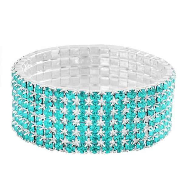 Rhinestone Bracelet Stretch Bangle 6 Row Crystal Pave Evening Event Dress AQUA - PalmTreeSky