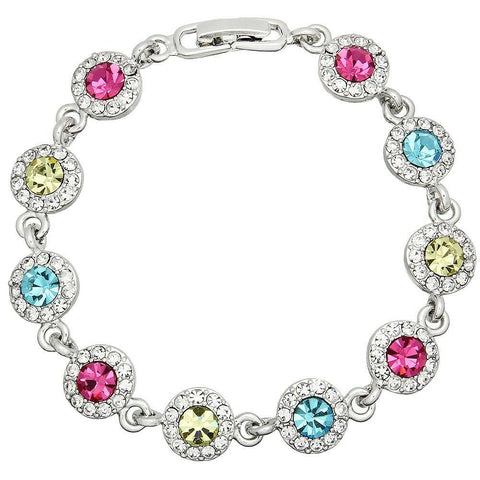 Crystal Bracelet Circle Pave Rhinestones Chain Link Clasp 7"L Multi Pink Evening - PalmTreeSky