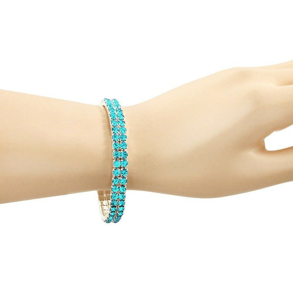 Rhinestone Bracelet Stretch Bangle 2 Row Crystal Pave Evening Event Dress AQUA - PalmTreeSky