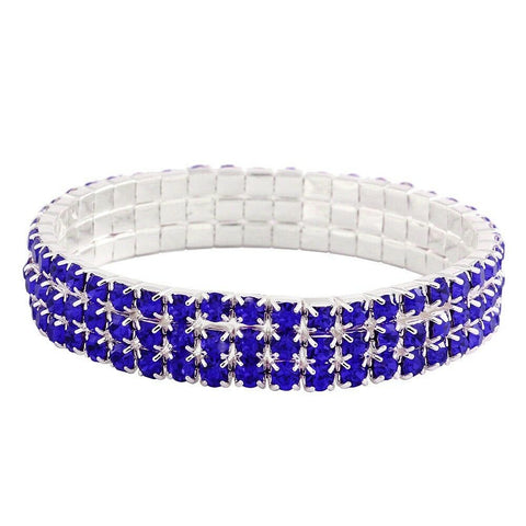 Rhinestone Bracelet Stretch Bangle 3 Row Crystal Pave Evening Event Dress B BLUE - PalmTreeSky