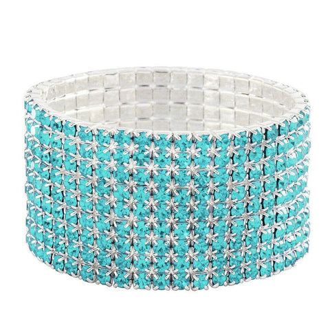 Rhinestone Bracelet Stretch Bangle 9 Row Crystal Pave Evening Event Dress AQUA - PalmTreeSky