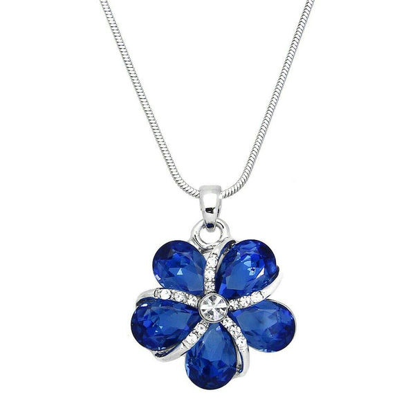 Flower Necklace 25mm Pendant Crystal Pave Rhinestone Swirl Floral SILVER BLUE - PalmTreeSky