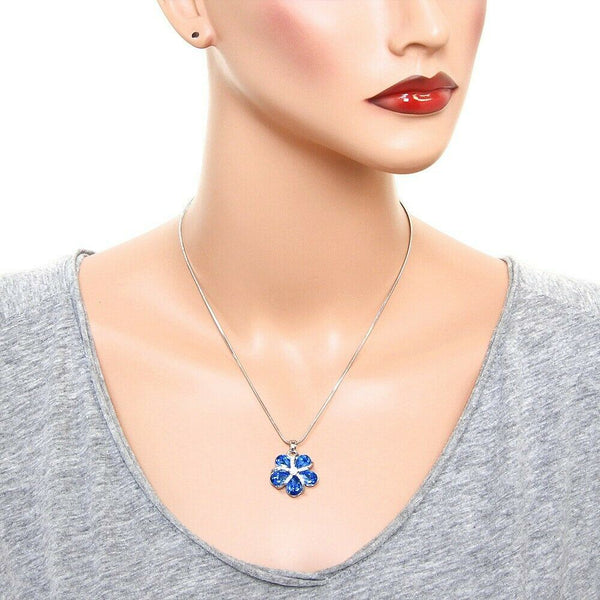 Flower Necklace 25mm Pendant Crystal Pave Rhinestone Swirl Floral SILVER BLUE - PalmTreeSky