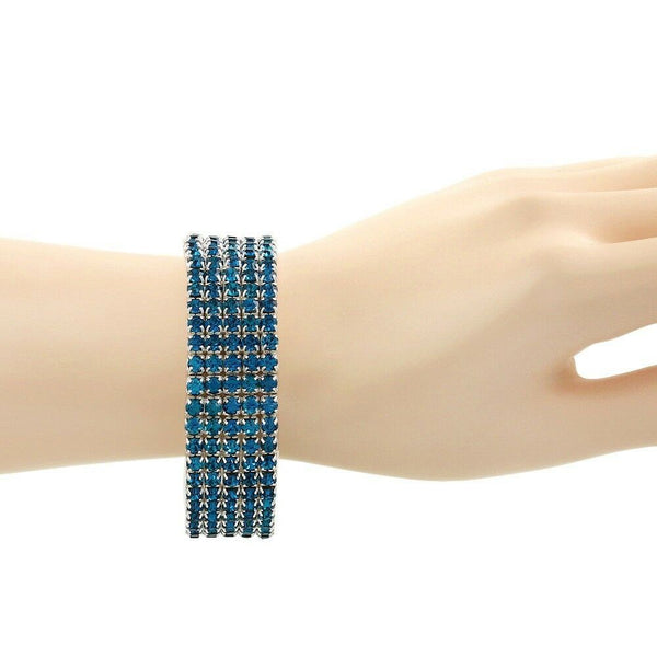 Rhinestone Bracelet Stretch Bangle 5 Row Crystal Pave Evening Event Dress BLUE - PalmTreeSky