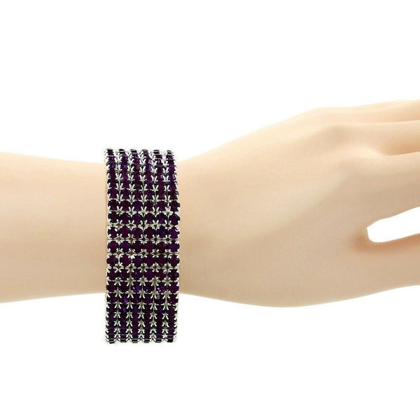 Rhinestone Bracelet Stretch Bangle 6 Row Crystal Pave Evening Event Dress PURPLE - PalmTreeSky