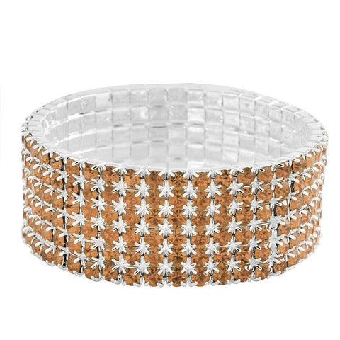 Rhinestone Bracelet Stretch Bangle 6 Row Crystal Pave Evening Event Dress TOPAZ - PalmTreeSky