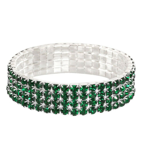 Rhinestone Bracelet Stretch Bangle 4 Row Crystal Pave Evening Event Dress DK GRN - PalmTreeSky