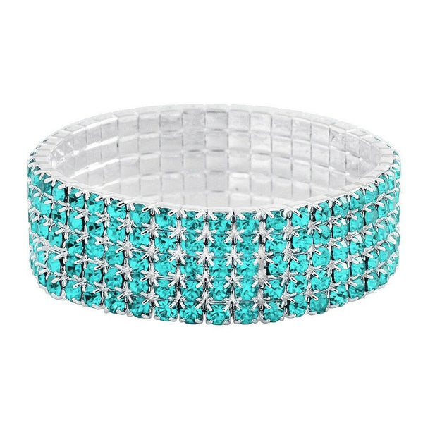 Rhinestone Bracelet Stretch Bangle 5 Row Crystal Pave Evening Event Dress AQUA - PalmTreeSky