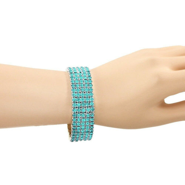 Rhinestone Bracelet Stretch Bangle 5 Row Crystal Pave Evening Event Dress AQUA - PalmTreeSky