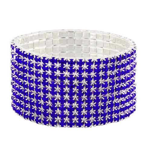 Rhinestone Bracelet Stretch Bangle 9 Row Crystal Pave Evening Event Dress B BLUE - PalmTreeSky