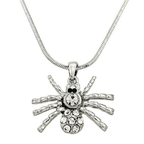 Halloween Jewelry Spider Necklace Small Charm Pave Rhinestone Costume SILVER Bug - PalmTreeSky