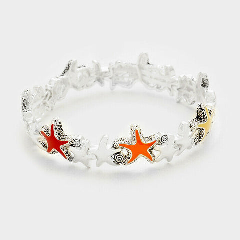 Starfish Bracelet Stretch Bangle RED ORANGE SILVER Beach Sand Sea Life Jewelry - PalmTreeSky