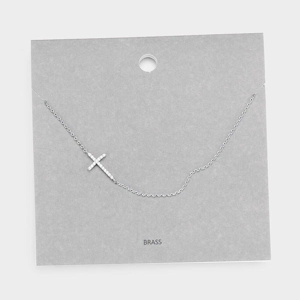 Side Cross Necklace Choker CZ Cubic Zirconia Delicate Dainty Love Religious SLVR - PalmTreeSky