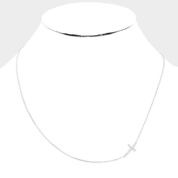 Side Cross Necklace Choker CZ Cubic Zirconia Delicate Dainty Love Religious SLVR - PalmTreeSky