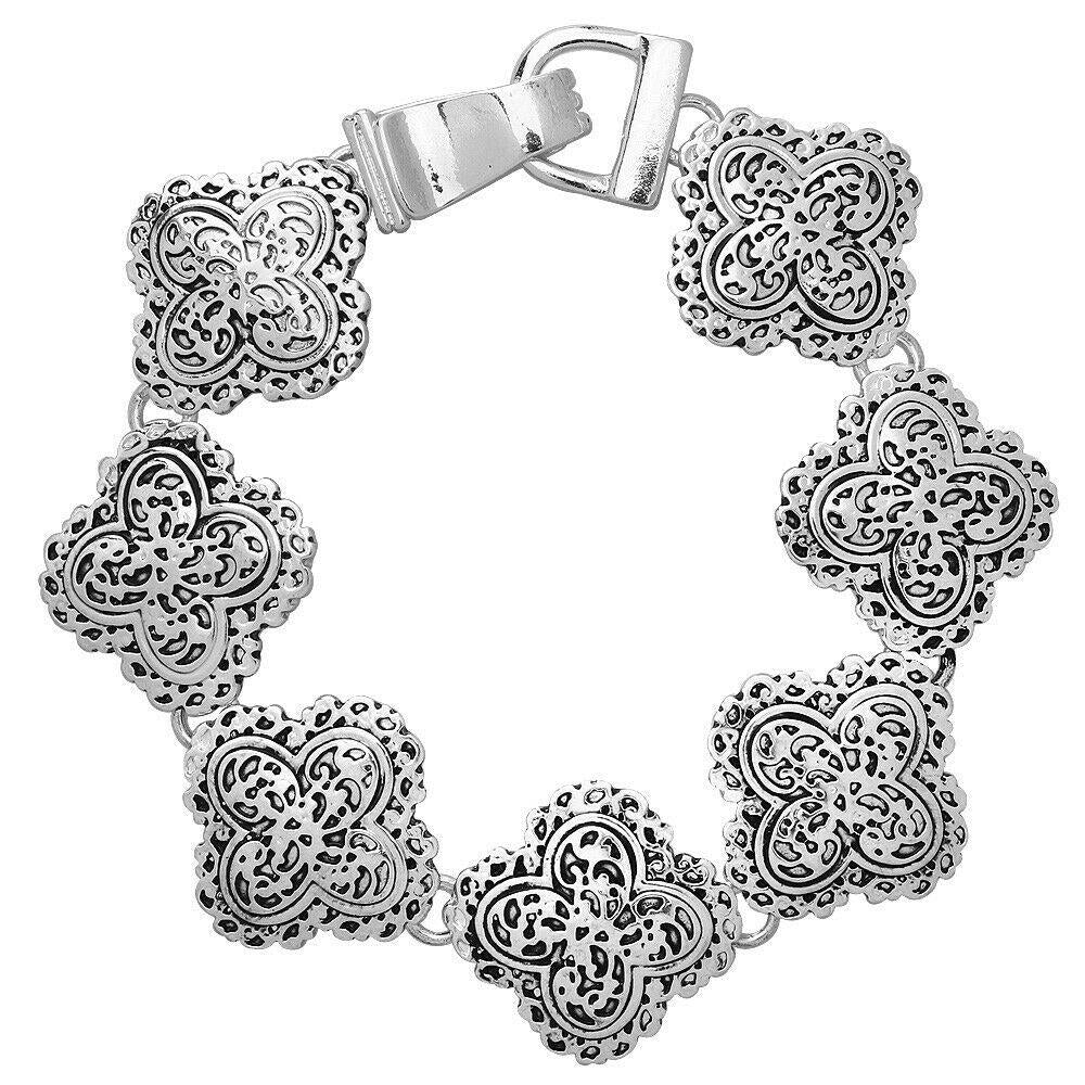 Filigree Bracelet Magnetic Closure Clasp Clover Swirl Textured Jewelry SILVER - PalmTreeSky