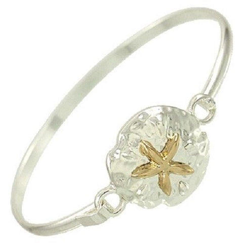 Sand Dollar Bracelet Thin Metal Hinge Bangle Hammered Charm Starfish SILVER GOLD - PalmTreeSky