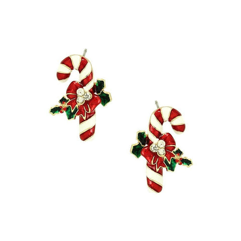 Candy Cane Earrings Post Studs Santa Claus Holiday Party Gifts Holly Gold Red 1" - PalmTreeSky