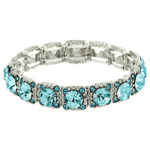 Crystal Bracelet Pave Rhinestones Square Cut Stretch SILVER AQUA Evening Glam - PalmTreeSky