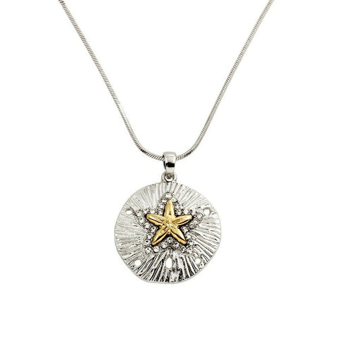 Starfish Necklace 2 Tone Disc 1" Pendant Crystals Sea Life Sand Dollar Jewelry - PalmTreeSky